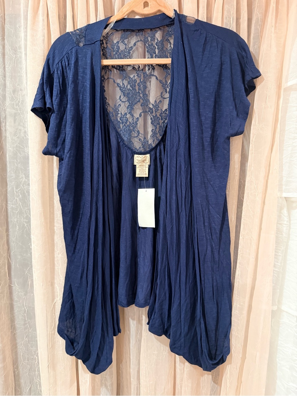 NWT eyelash couture Navy Lace-Back Draped Short Sleeve Robe Cardigan